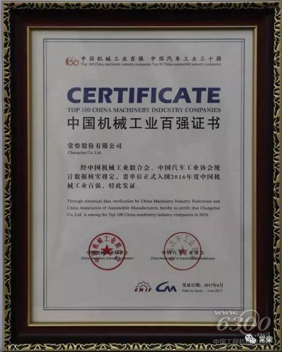 常柴再次荣登中国机械工业百强排行榜