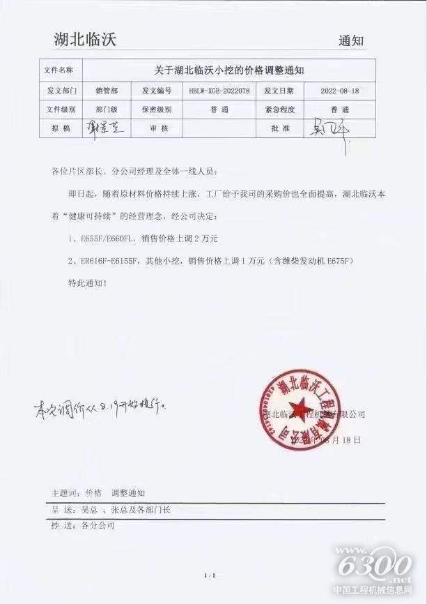 通知：山东临工小挖涨价1(图1)